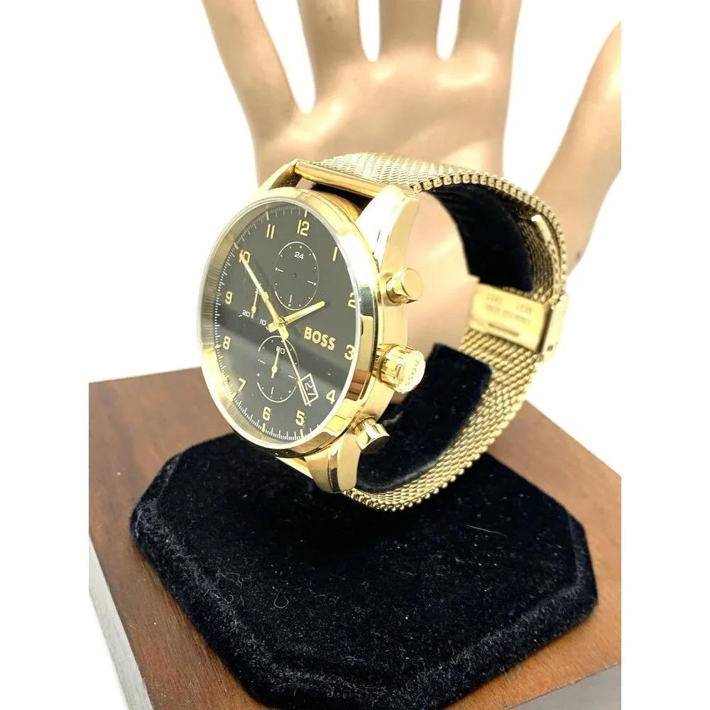 Hugo Boss Men's Watch 1513838 Quartz Chronograph Black Dial Gold Mesh Steel 44mm
